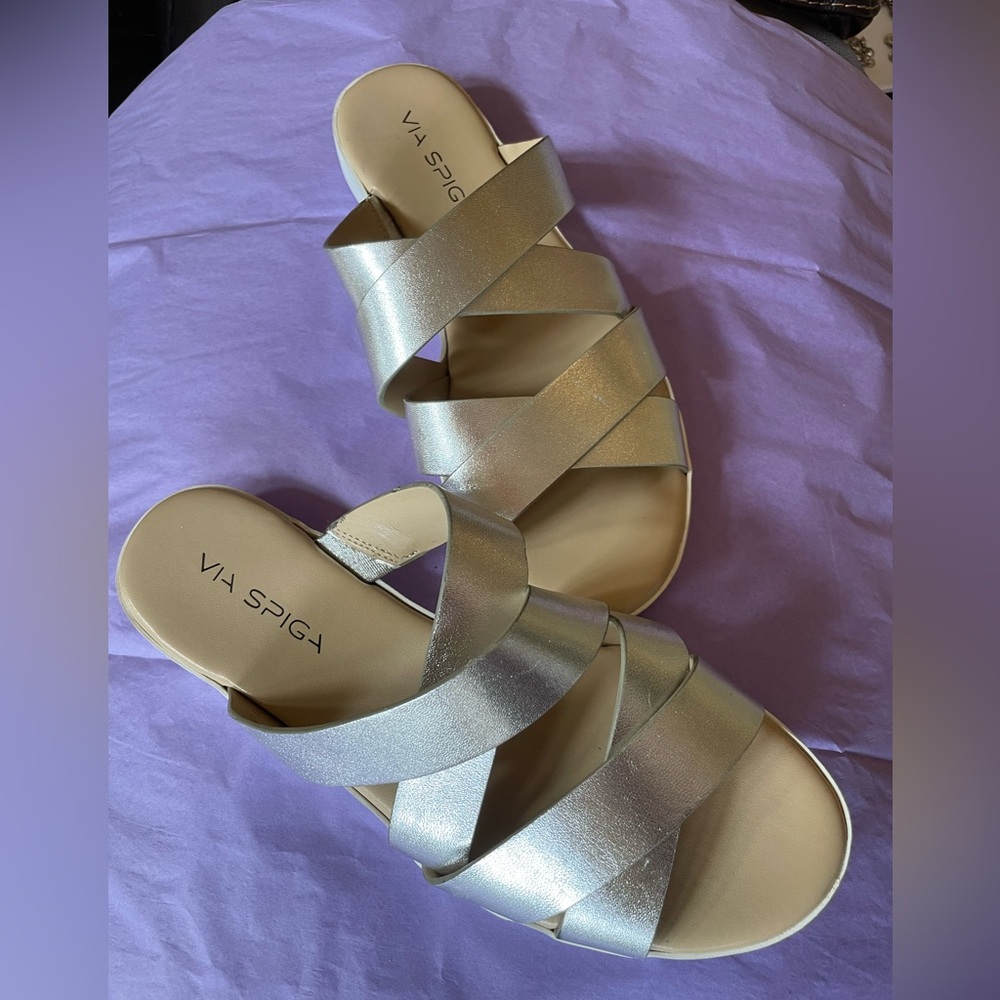 Via Spiga Shimmery Gold Crisscross Slide Sandals